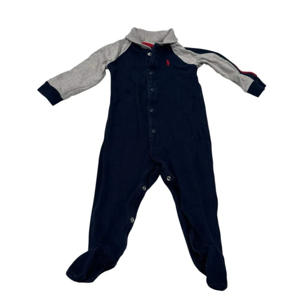 Ralph Lauren Baby One Piece Long Sleeve Blue Grey Embroider Logo 6 Month